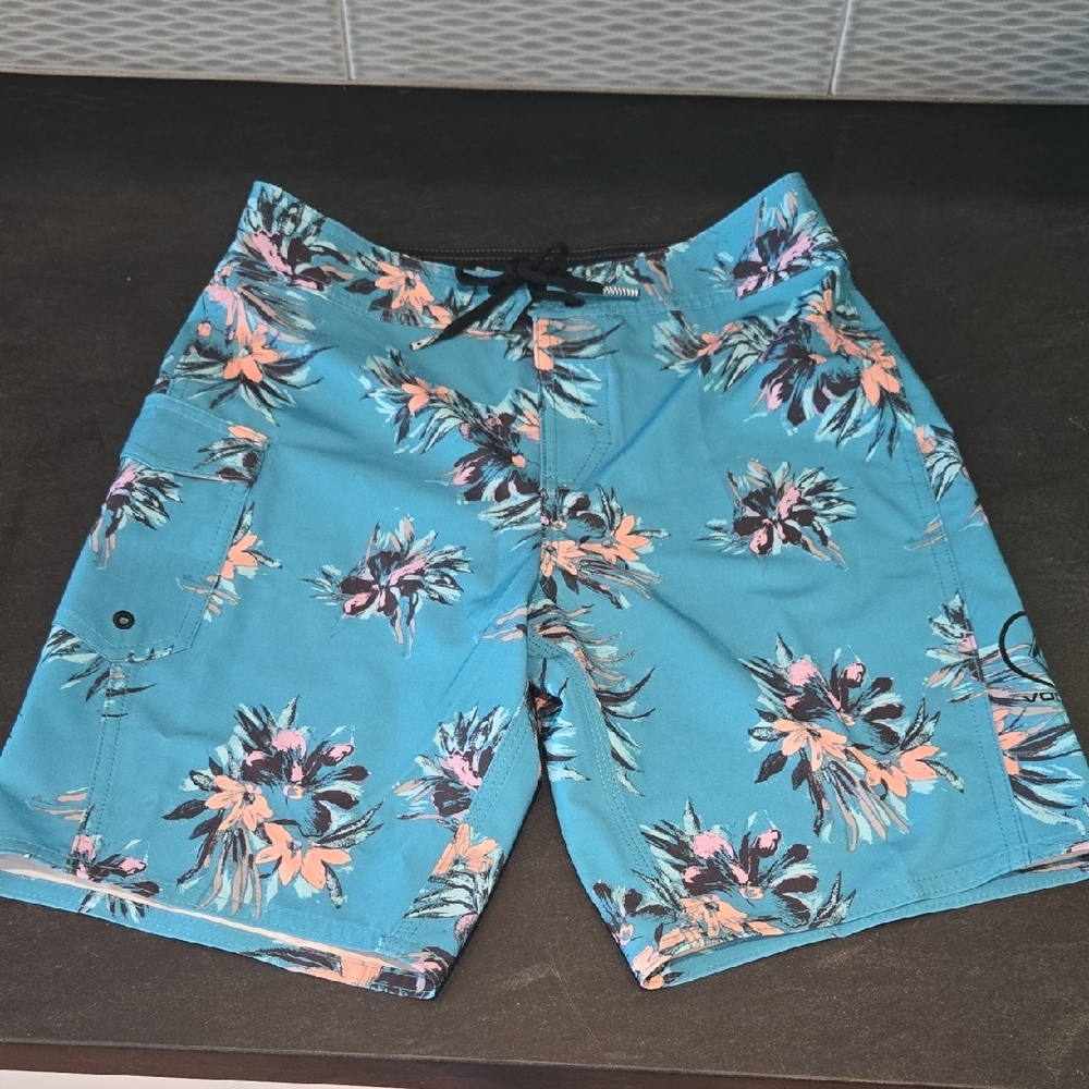 Volcom Kids Swim Trunks - Teal and Pink Floral